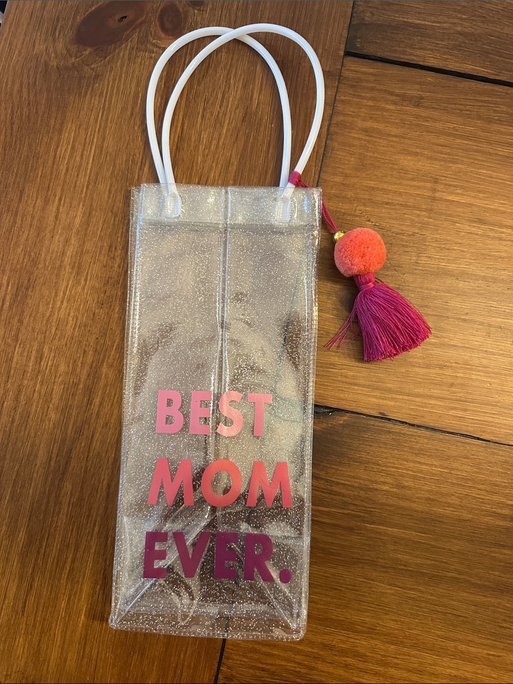 Clear Glitter 'BEST MOM EVER.' Wine Tote with Pink Tassel